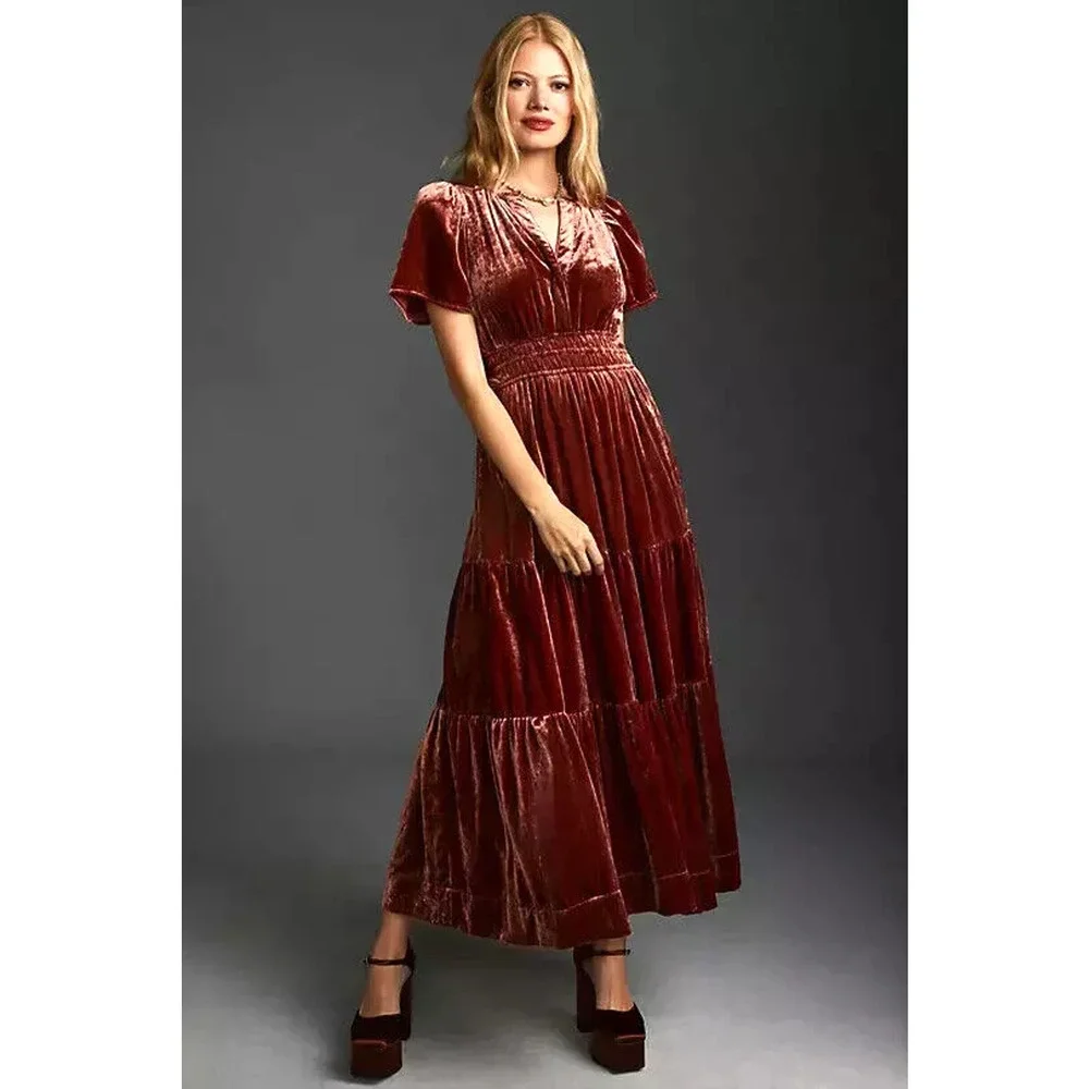 Anthropologie Dress Womens Medium Somerset Maxi Velvet Wine Burgundy Tiered